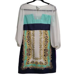 Donna Morgan multi-colored dress with sheer neck and sleeves‎
